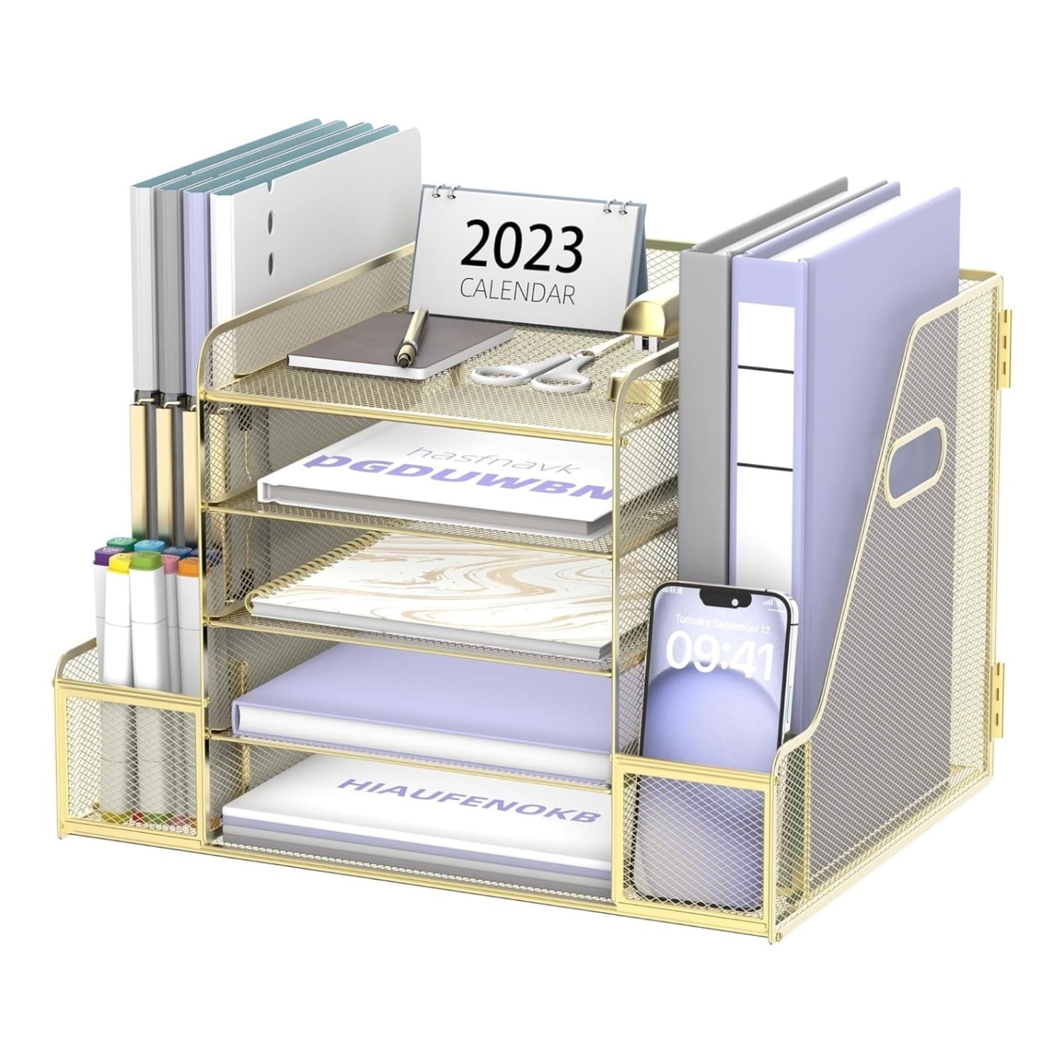 INTIGE Mesh Desk Organizer with File Holder, 5-Tier Paper Letter Tray Organizer with Magazine Holder, Gold