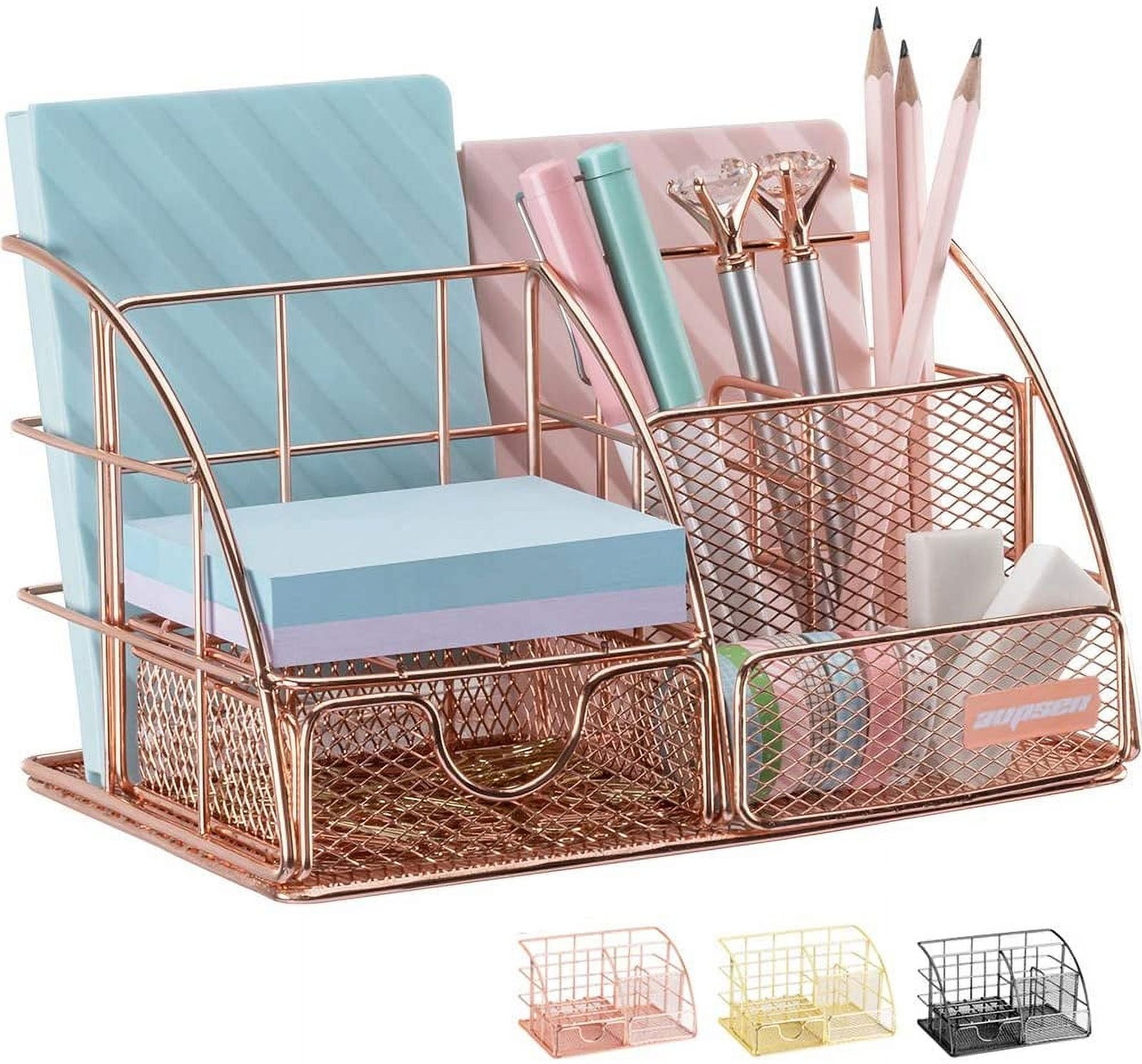 Rose Gold Desk Organizer for Women, Mesh Office Supplies Desk Accessories, Features 5 Compartments + 1 Mini Sliding Drawer
