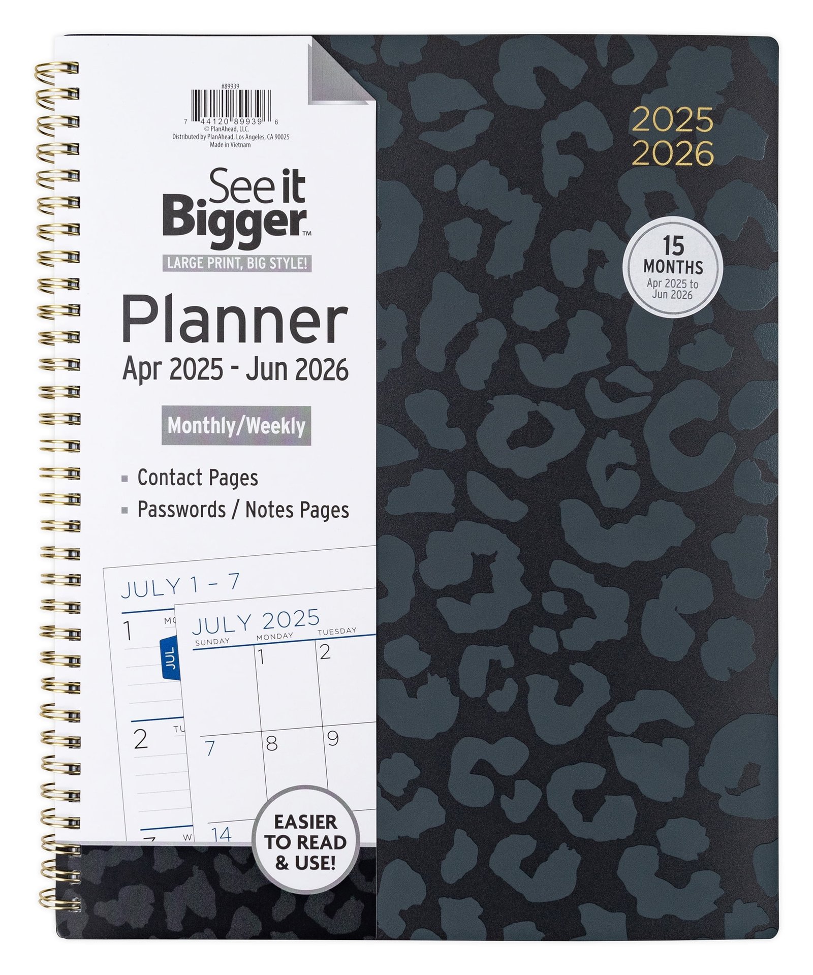 See it Bigger Monthly Weekly Planner Large (9.25″ x 11″) Black Leopard, 15 month, Apr 2025-Jun 2026