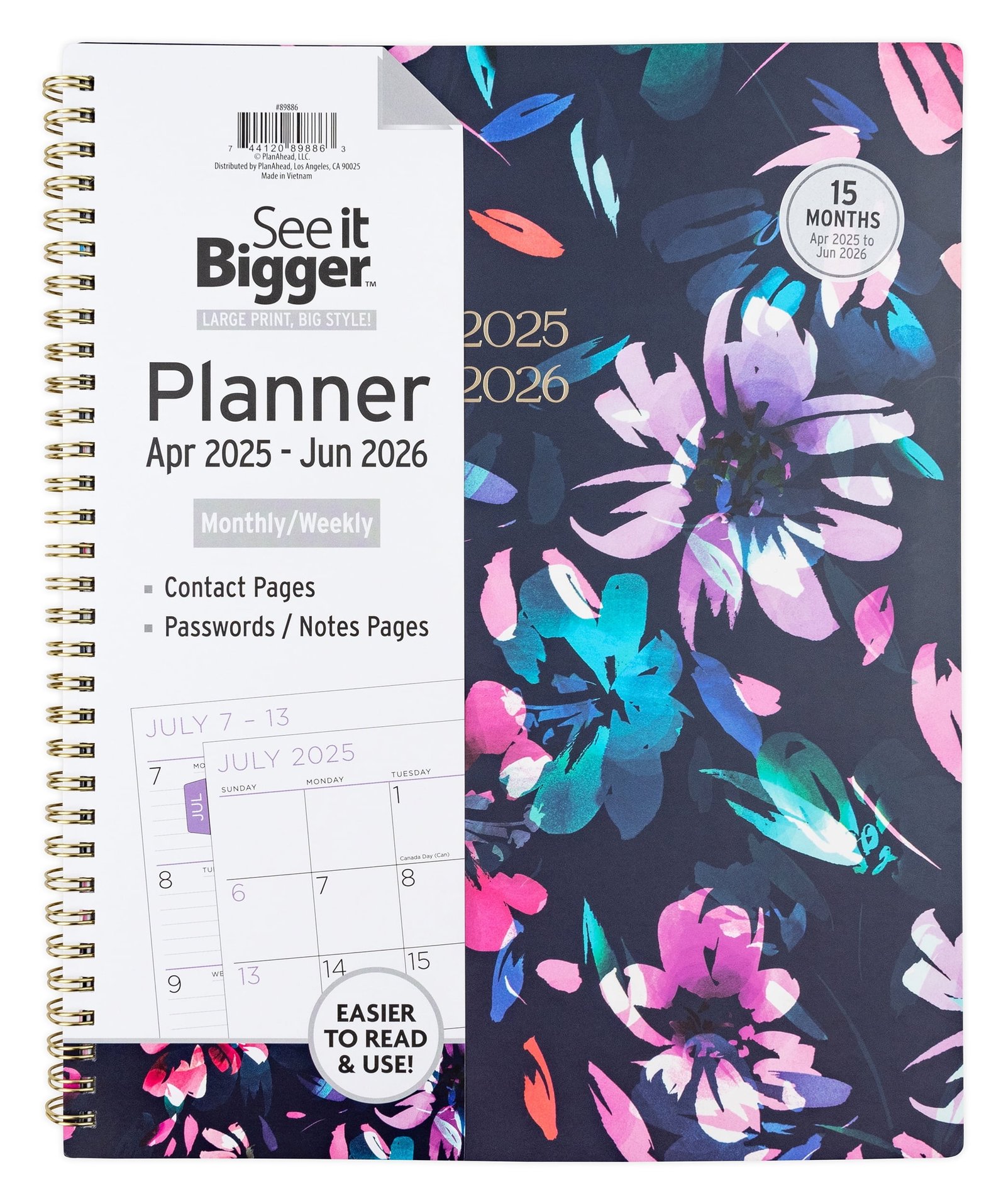 See it Bigger Monthly Weekly Planner Large (9.25″ x 11″) Blue Floral, 15 month, Apr 2025-Jun 2026