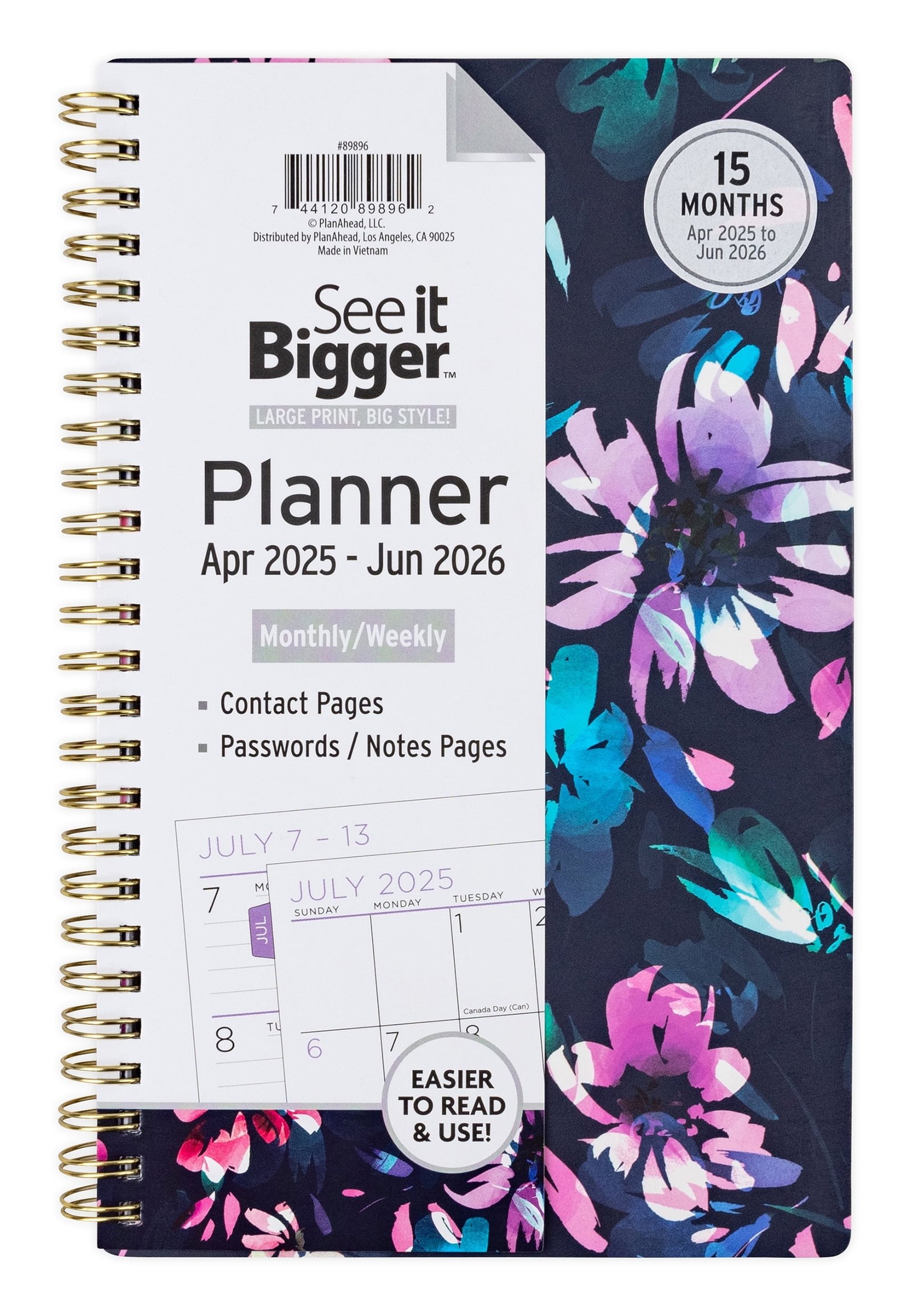 See it Bigger Monthly Weekly Planner Medium (6″ x 8.5″) Blue Floral, 15 month, Apr 2025-Jun 2026