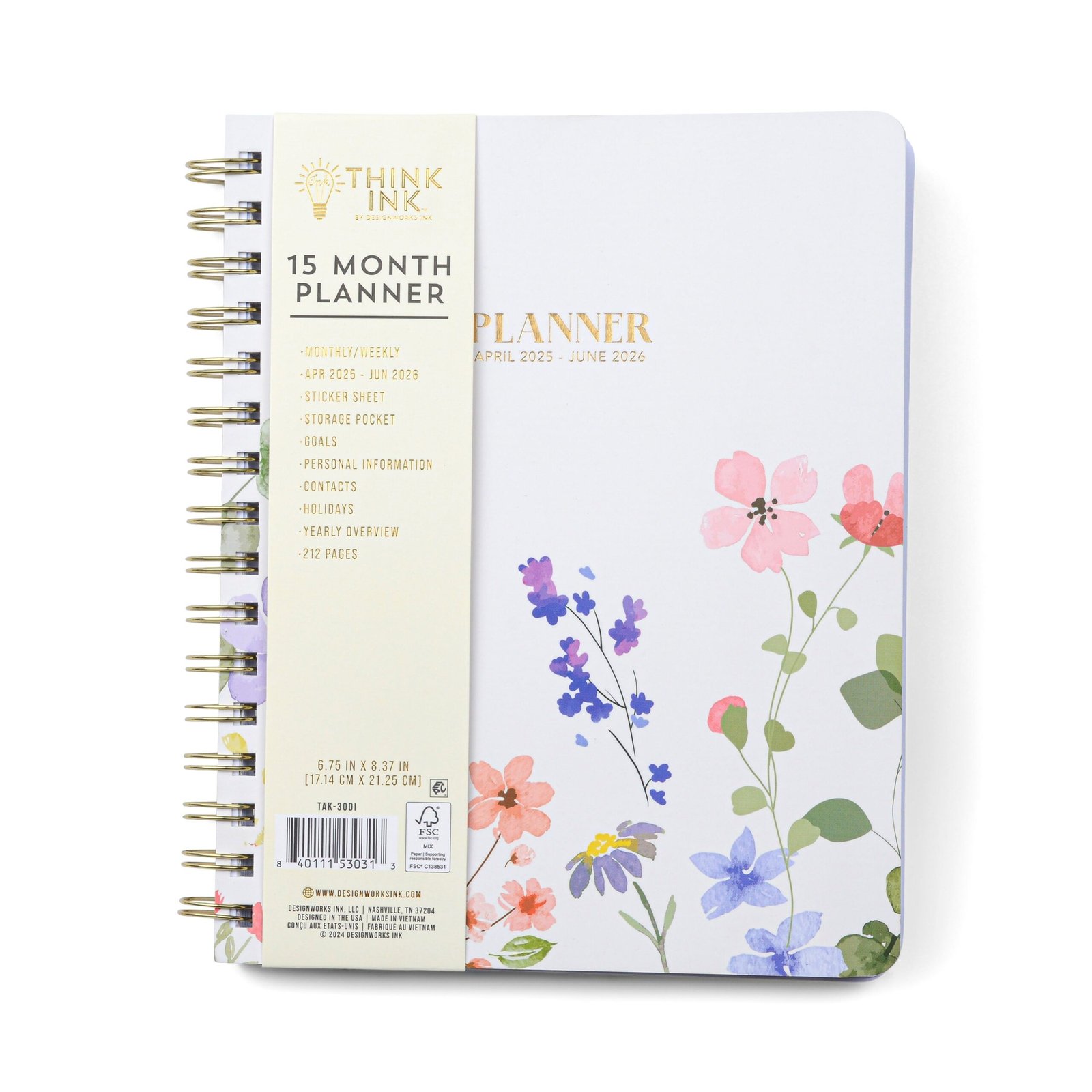 Think Ink Monthly Weekly Med. (6.75" x 8.37") Cream Wildflower 15 Month Apr 2025 - Jun 2026 Planner