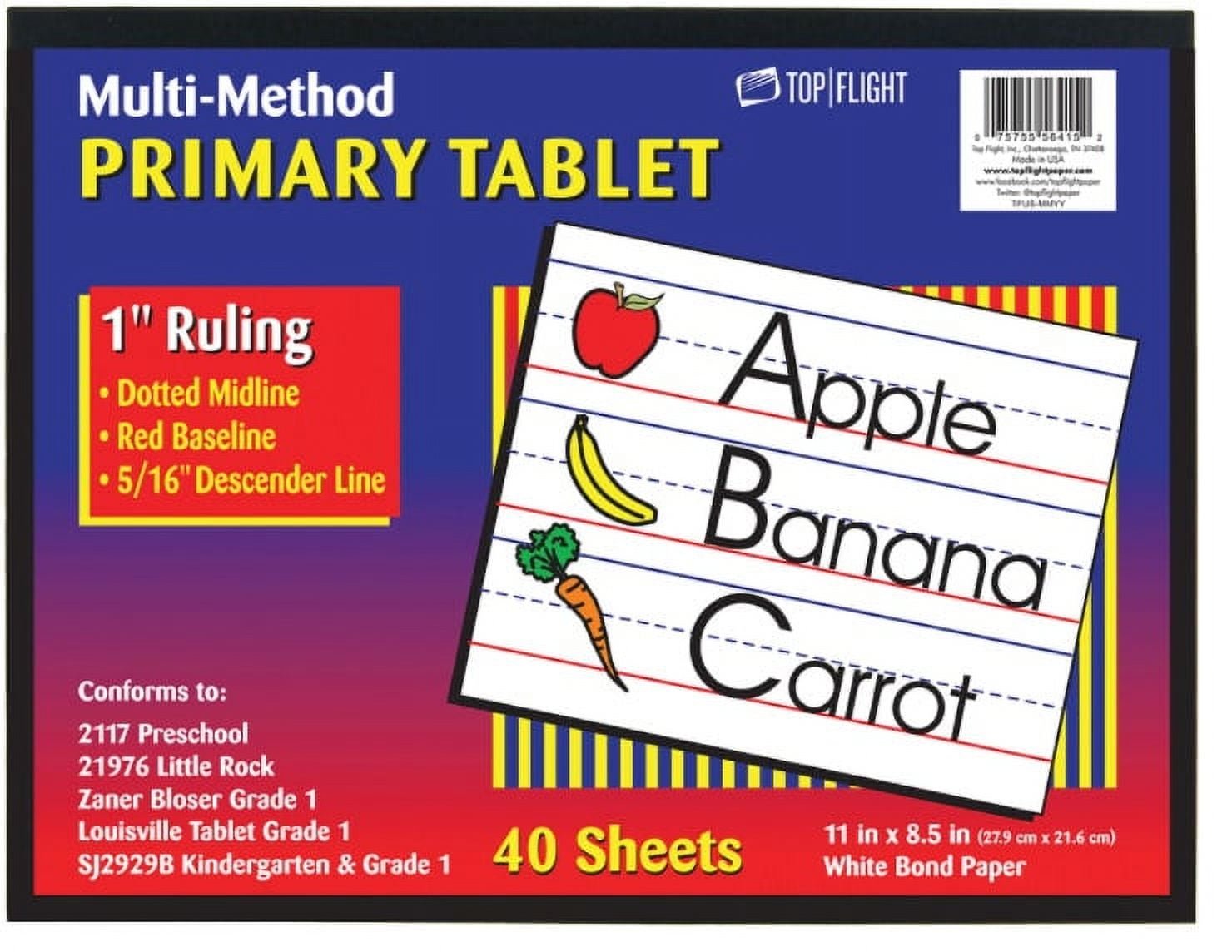 Top Flight Multi-Method 1st Grade Primary Tablet, 1 Inch Ruling, Bond Paper, 11 x 8.5 Inches, 40 Sheets